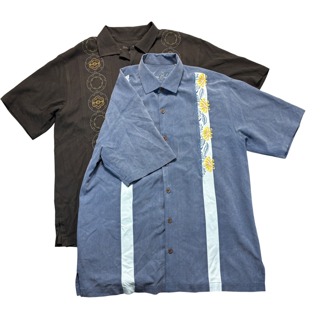 Tommy Bahama Lot of 2 Mens Large 100% Silk Embroidered Camp Shirts Blue Black